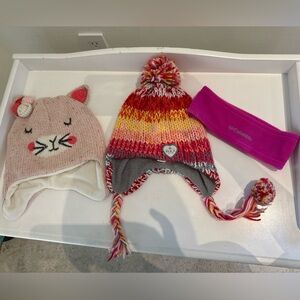 Colorful Knit Pom-Pom Hat + Kitty Hat + Columbia fleece headband